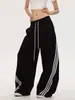 Pantalones de Pierna Ancha Retro Americano con Bloques de Color y Tres Rayas, para Mujer, Diseño Verano 2025, Deportivos Sueltos