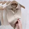Camisola de punto color albaricoque con cuello polo para mujer, fina de seda helada de verano, ajustada, sin mangas, suéter corto