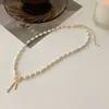 Collar de perlas de agua dulce con microincrustaciones de circonitas, cadena de clavícula francesa retro con diseño espaciador de cuentas de cobre para mujer