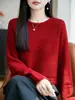 Suéter de Tricô Gola Redonda 100% Algodão Novo Outono/Inverno 2026 Manga Longa Feminino Cor Sólida Vazado Solto Camisa Base Top