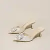 Estilo Francês Cor Champanhe Fivela Quadrada com Strass Salto Fino Chinelos Baotou Femininos Verão Saia Fina Brilho plus size Chinelos de Salto Alto