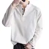 Camiseta de Manga Larga con Cuello Henry Estilo Old Money para Hombre, Diseño Primavera/Otoño, Corte Holgado, Textura de Raya Vertical, Top Casual