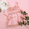 Suministro transfronterizo INS popular encaje europeo y americano bordado malla transparente lencería sexy tres piezas en stock