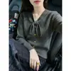 Nuevo cárdigan de punto para mujer, estilo coreano, cuello alto, cordones, gris, holgado, manga larga, para otoño/invierno 2026, suéter abrigo petite