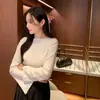 Enviado, talla actualizada: Top de punto a rayas retro chic coreano de otoño con mangas acampanadas para mujer, corte ajustado