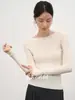 Camisa básica de tricô de alta qualidade, gola redonda, manga longa, cor cáqui, estilo francês, para mulheres, outono e inverno, com design texturizado, slim fit e chique