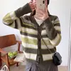 Cárdigan de Punto con Rayas de Contraste Estilo Coreano Cuello en V Manga Larga para Mujer 26 Primavera/Otoño Nuevo Holgado Reductor de Edad Chaqueta Suéter Top