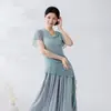 Conjunto de Práctica de Danza Clásica para Mujer, Top de Malla con Cuello Volante Estilo Hada, Traje de Presentación de Danza China, Body de Danza de Manga Corta Fluido
