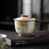 Tazón de cerámica de alta calidad para té kung fu, con tapa, taza de té antiquemaduras, cubierta pintada a mano gris fábrica hierba y madera