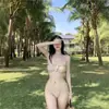 Conjunto de Bikini Estilo Europeo y Americano Top de Tubo Plisado Metálico Chaleco Abertura Traje de Baño Vacaciones Junto al Mar Falda de Playa