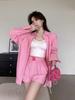 Traje elegante de verano de Corea del Sur, dulce, antiedad, holgado, combinable con todo, con cordones, camisa de manga larga, pantalones cortos de cintura alta y pierna ancha.