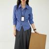 Camisa de manga larga con cintura azul para mujer, diseño de primavera y otoño, plisada, ajustada y adelgazante, top interior de otoño para mujer