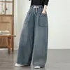 Foto Real de Pantalones Vaqueros Anchos de Pierna Suelta, Cintura Elástica, Versátiles, Casuales, Adelgazantes, para Mujer de Tallas Grandes