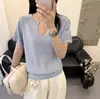 Top de punto de alta gama listo para usar, de Tencel y lino, con cuello en V y manga corta para mujer, nuevo estilo de verano, elegante top tipo camiseta fino calado para mujer