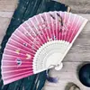 Leque dobrável rosa estilo japonês, Leque de seda para dança com flores de cerejeira estilo japonês, Leque feminino de bambu roxo estilo antigo, Leque pequeno de bambu estilo chinês