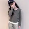 Camiseta de manga larga a rayas estilo coreano de dos piezas falsas para niñas, nueva de otoño 2026, top corto ajustado para looks de moda