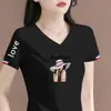 Camiseta de Manga Corta con Cuello en V Estilo Mamá de Comercio Exterior para Mujer, Estilo Coreano, Moderna, Corte Holgado, Adelgazante, Casual, Top de Moda