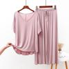 Traje de primavera y verano de estilo coreano, nuevo, de color sólido, sencillo, de talla grande, de algodón, con cuello en V, manga corta, cintura elástica, pantalones de pierna ancha, ropa para el hogar