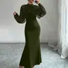 Moda Feminina Transfronteiriça Europeia e Americana 2026 Elegante Vestido Longo Sereia com Renda e Strass de Manga Longa Acinturado