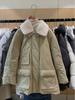 Minsen versión en línea coreana de chaqueta gruesa y cálida con cuello de piel, plumón de pato blanco, para mujer, con cremallera y botones dorados, 90978