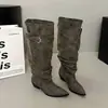 Botas Melard de punta fruncidas y apiladas para mujer, botas de vaquero de caña alta con hebilla de cinturón, botas de vaquero western vintage de caña ancha