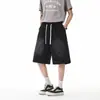 Nasa sobre Pantalones Cortos de Mezclilla Lavada Estilo Retro Americano para Hombre, Diseño Plisado de Verano, Pantalones Casuales Sueltos de Cinco Puntos