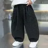 Calça Masculina Outono 2026 Nova Estilosa Infantil Xadrez Moletom Menino Casual Punho na Barra Perna Larga Longa Tendência Cool