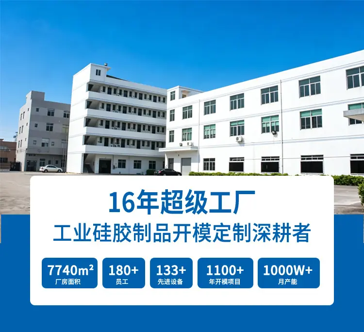 博皓硅胶拥有16年硅胶件开模定制经验，7740m²厂房，180+员工，133+先进设备，年开模项目1100+，月产能超1000万件。

