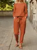 Traje de Lino Moda Femenina Color Sólido Salida Casual Conjunto de Dos Piezas Comercio Exterior Primavera y Verano Simple Retro Cintura Elástica con Cordón