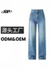 Calça Jeans Reta de Cintura Alta Feminina Feita Sob Medida com Patch de Couro de Botão Duplo e Pernas Largas em Lavagem Azul