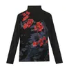 Ropa europea para mujer 2023 otoño e invierno moderna estilo occidental manga larga cuello alto malla camiseta mujer posicionamiento flor Top Disparo real