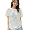 Camiseta Blanca de Manga Corta con Estampado de Margaritas para Mujer, Estilo Holgado y Relajado, Diseño Único, Hermosa Prenda Blanca de Algodón Puro
