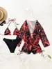 Bikini sexy de tres piezas para mujer estilo europeo y americano con estampado de plantas, con salida de baño de malla con cordón y traje de baño de dos piezas de atar