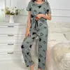 2026 Aliexpress Novo Conjunto Feminino com Estampa de Coração, Blusa de Manga Curta e Calça Longa, Roupa de Dormir, Pijama, Simples, Casual