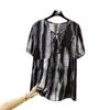 Camisa de Verano 2026 Delgada Holgada Floral con Cuello de Corbata Manga Corta Talla Grande Top Camiseta de Manga Corta de Algodón Artificial