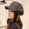 Chapéu Octogonal de Lã Xadrez Espesso Estilo Coreano Feminino Moda Coreana Casual Boina Proteção de Orelha Quente Chapéu de Pintor Britânico