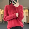 Suéter de punto grueso trenzado de color liso de cuello alto medio para mujer, suelto, casual, para commuting, otoño e invierno, nuevo, manga larga, 100% lana