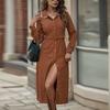 2025 Nueva Falda para Mujer Otoño e Invierno Europea y Americana Transfronteriza Solapa Empalme Encaje Camisa de Manga Larga Vestido de Pana