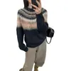 Suéter Jacquard Fair Isle Outono e Inverno para Mulheres, Tricô Color Block Gola Redonda, Peça Superior Macia Estilo Preguiçoso Quente e Aconchegante Vintage