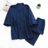Conjunto de Pijama Masculino para Primavera e Outono, Kimono Estilo Japonês, Roupa de Sauna Cor Sólida, Algodão de Camada Dupla com Amarração, Conjunto Estilo Japonês
