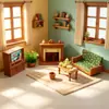 Escena de Dormitorio Retro, Perchero, Armario, Tocador, Ropa de Cama, Adornos, Casa de Juegos Miniatura, Escena en Miniatura, Juguetes de Casa de Muñecas