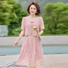 2026 Novo Modelo Novo Estilo Chinês Vestido Dois em Um para Mães, Vestido de Chiffon Estampado de Manga Curta para o Verão, Elegante Estilo de Comprimento Médio