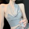 Top Pequeño Tailandés Único y Elegante Sexy para Chica Caliente Espalda Descubierta Cintura Plateado Brillante Seda Cuello Oscilante Halter Camisola