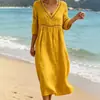Novo Vestido de Verão para Moda Feminina Europeia e Americana Transfronteiriça: Casual, Confortável, Solto, Decote V, Cor Sólida, Patchwork, Vestido Longo