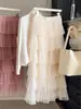 Saia de Bolo em Camadas de Renda Estilo Coreano para Mulheres Nova Primavera 2026 Cintura Alta Elegante Comprimento Médio com Caimento Fluido