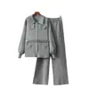 Traje de Moda con Cuello Polo Transfronterizo para Mujer Otoño e Invierno Nuevo Suéter con Cinturón Cárdigan Top Pantalones de Pierna Ancha de Cintura Alta Conjunto de Dos Piezas