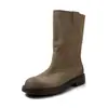 Botines de mujer hasta la pantorrilla en piel de vaca envejecida, nuevo estilo otoño e invierno, piel genuina, punta redonda, tacón medio, sin cordones, botines medios envejecidos vintage para mujer