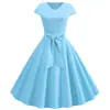 Fuente del fabricante 2019eaby En stock Venta caliente Verano Retro Cuello en V Manga Corta Color Sólido Casual Vestido de Baile Grande