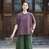 26 Verão Novo Algodão Linho Roupas Femininas Estilo Zen Budista Retrô Gola Alta Costura Botões de Rã Roupas Lisas Lapela Assimétrica Camisa Top