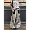 Calça casual larga de retalhos com estampa de leopardo estilo americano, unissex, corte solto, efeito emagrecedor, com design de três listras e bainha curva
